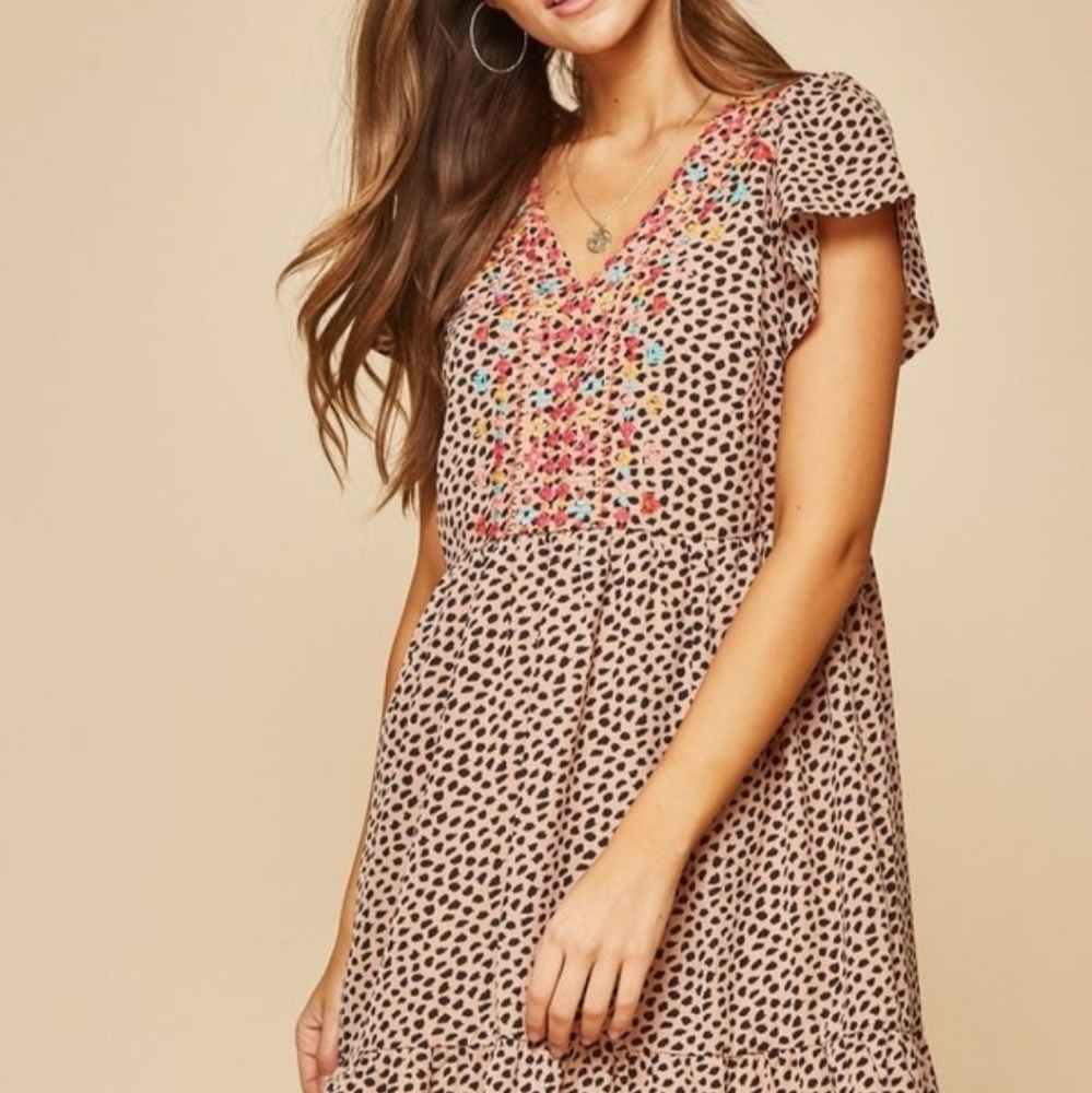 Embroidered animal print knee length dress